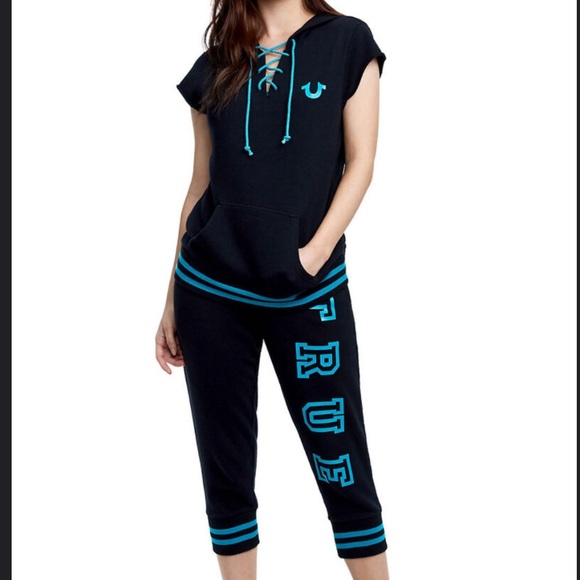 Y2K True Religion Hoodie Top and Lace Up Capri Sweatsuit Size Large - Picture 9 of 11